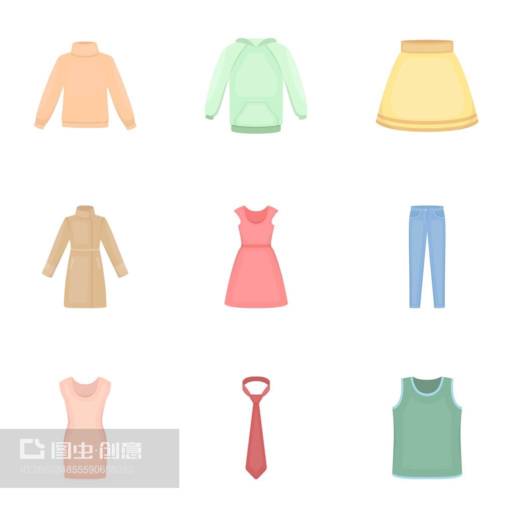 服装以卡通风格设置图标。服装矢量符号股票插图大集合Clothes set icons in cartoon style. Big collection of clothes vector symbol stock illustration