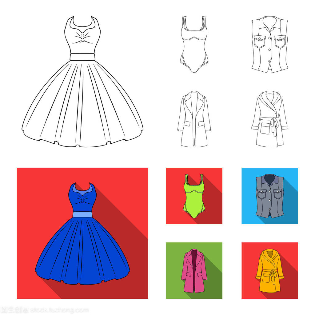 女装轮廓, 平面图标在集合中设计。服装品种及配件矢量符号股票 web 插图