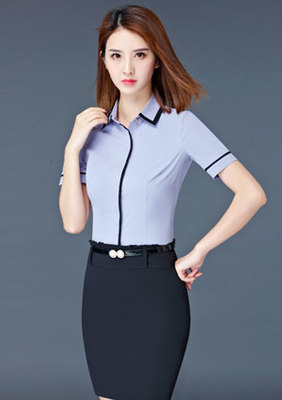 灰色嵌黑边短袖女衬衫定做款式图_深圳牧迪亚服饰